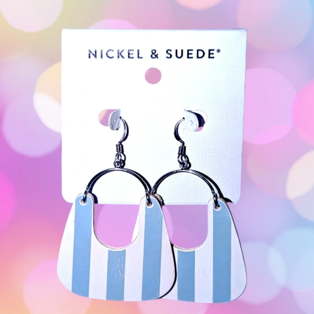Nickel & Suede Blue and White Striped Drop Earrings - Picture 1 of 2